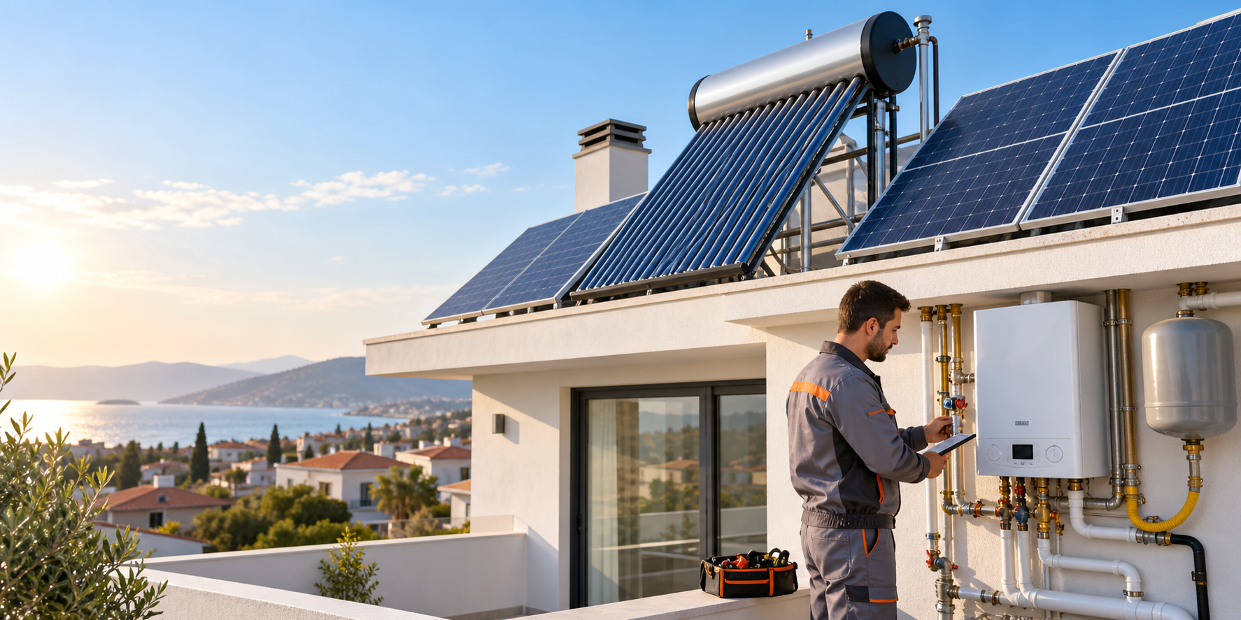 Çatıda güneş enerjisi sistemi ve montaj çalışması